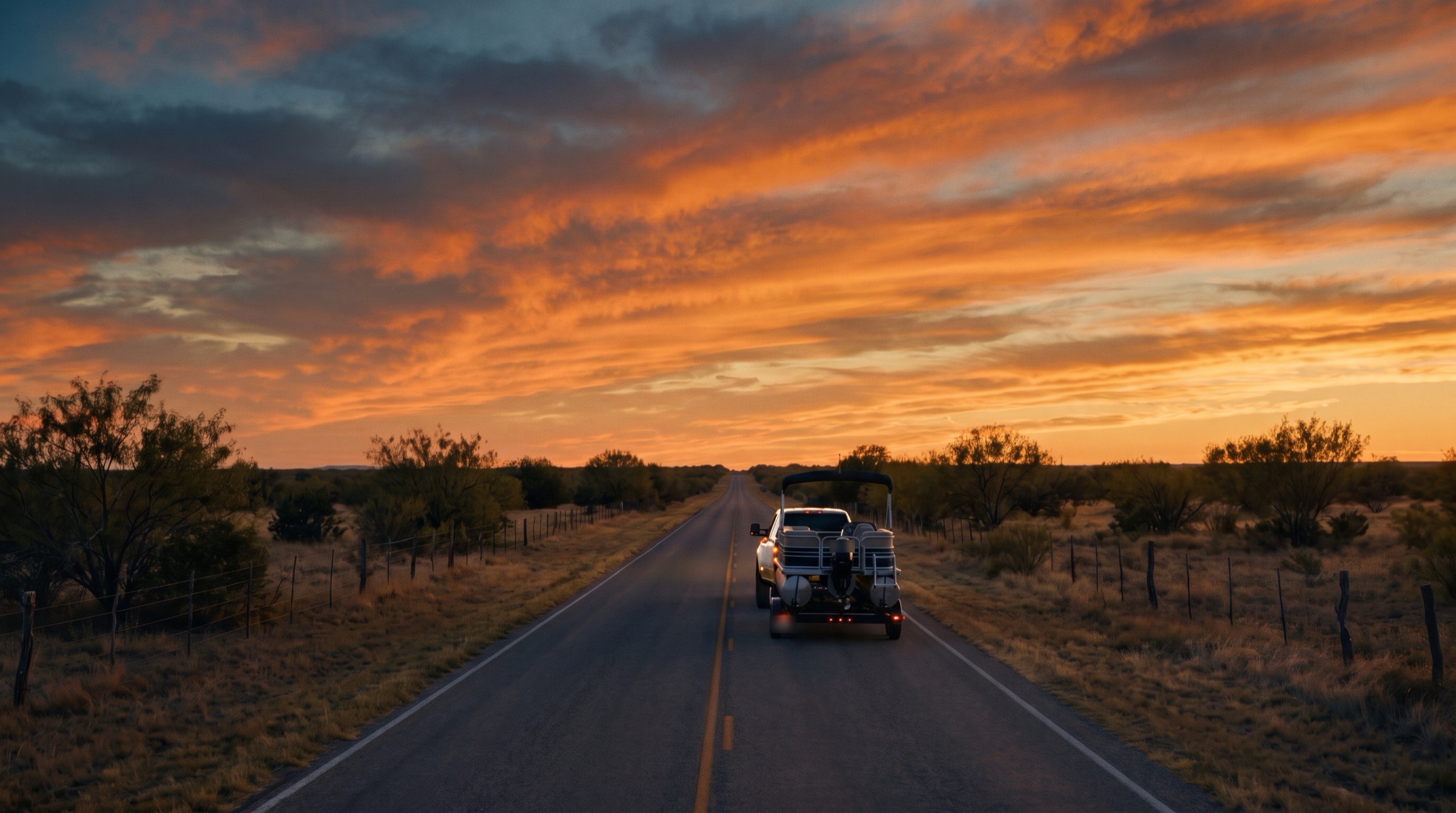 Long straight Texas ranch road at sunset, a truck and boat trailer small on the horizon
