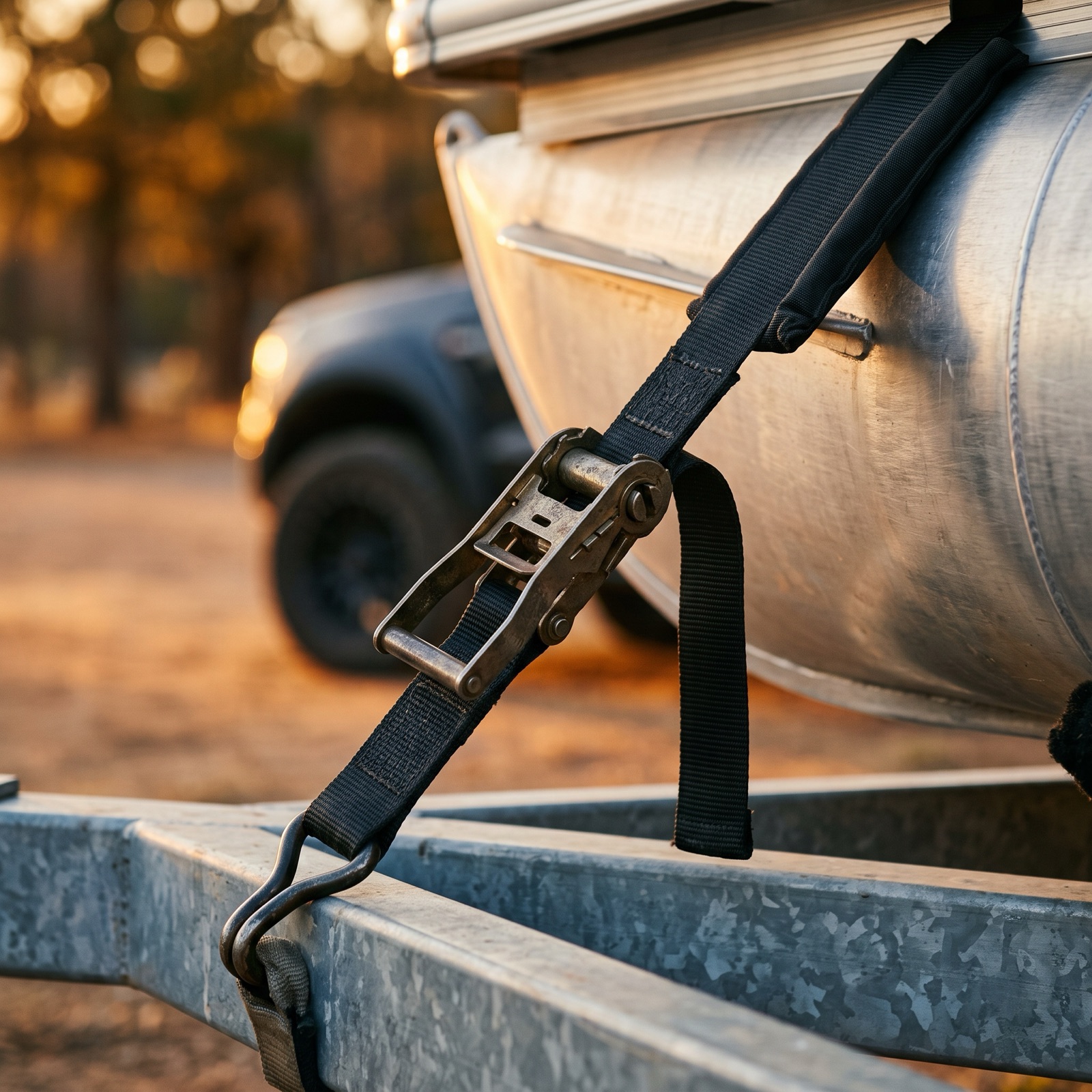 Heavy ratchet strap securing a pontoon hull to its trailer