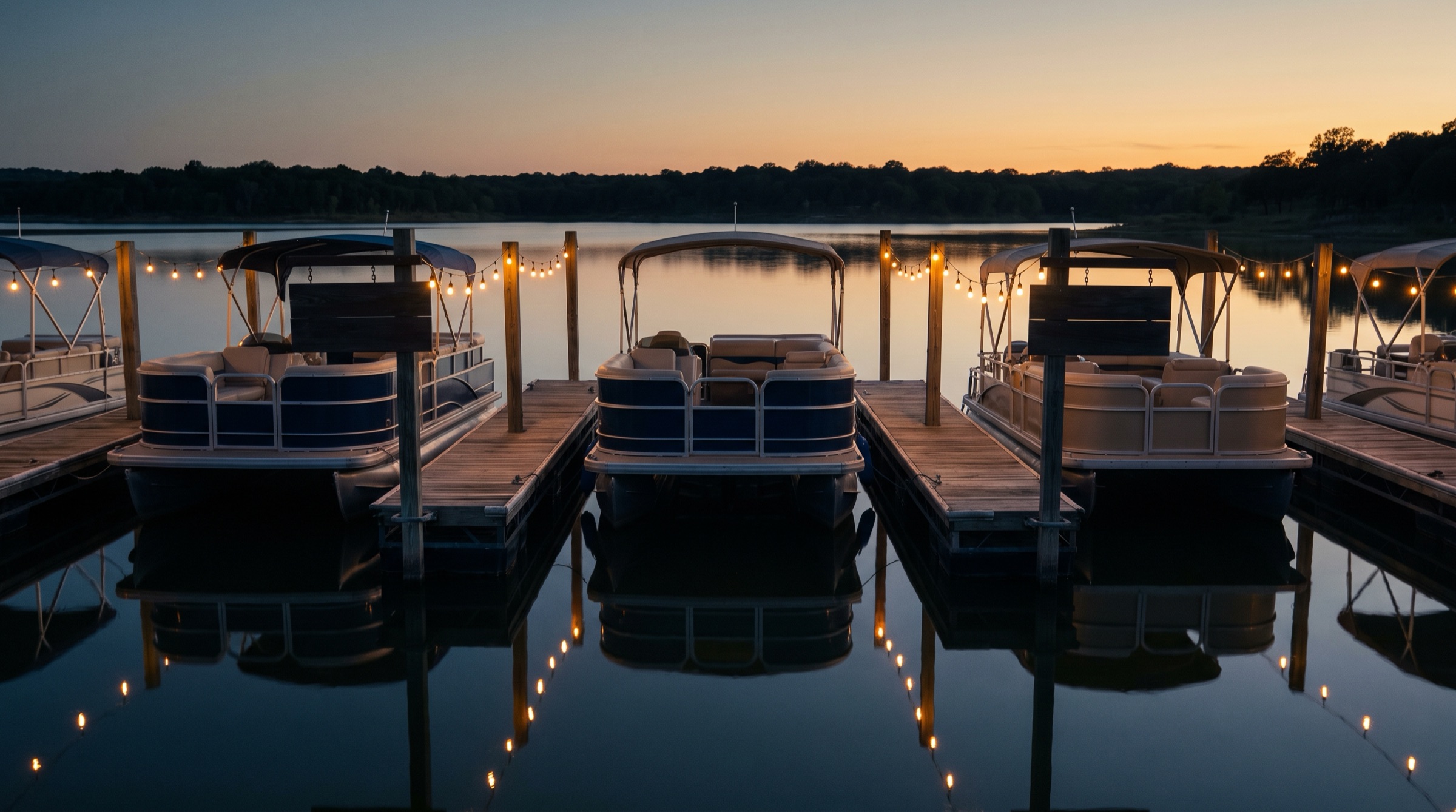 Small Texas lake marina at dusk with moored pontoons and warm dock lights