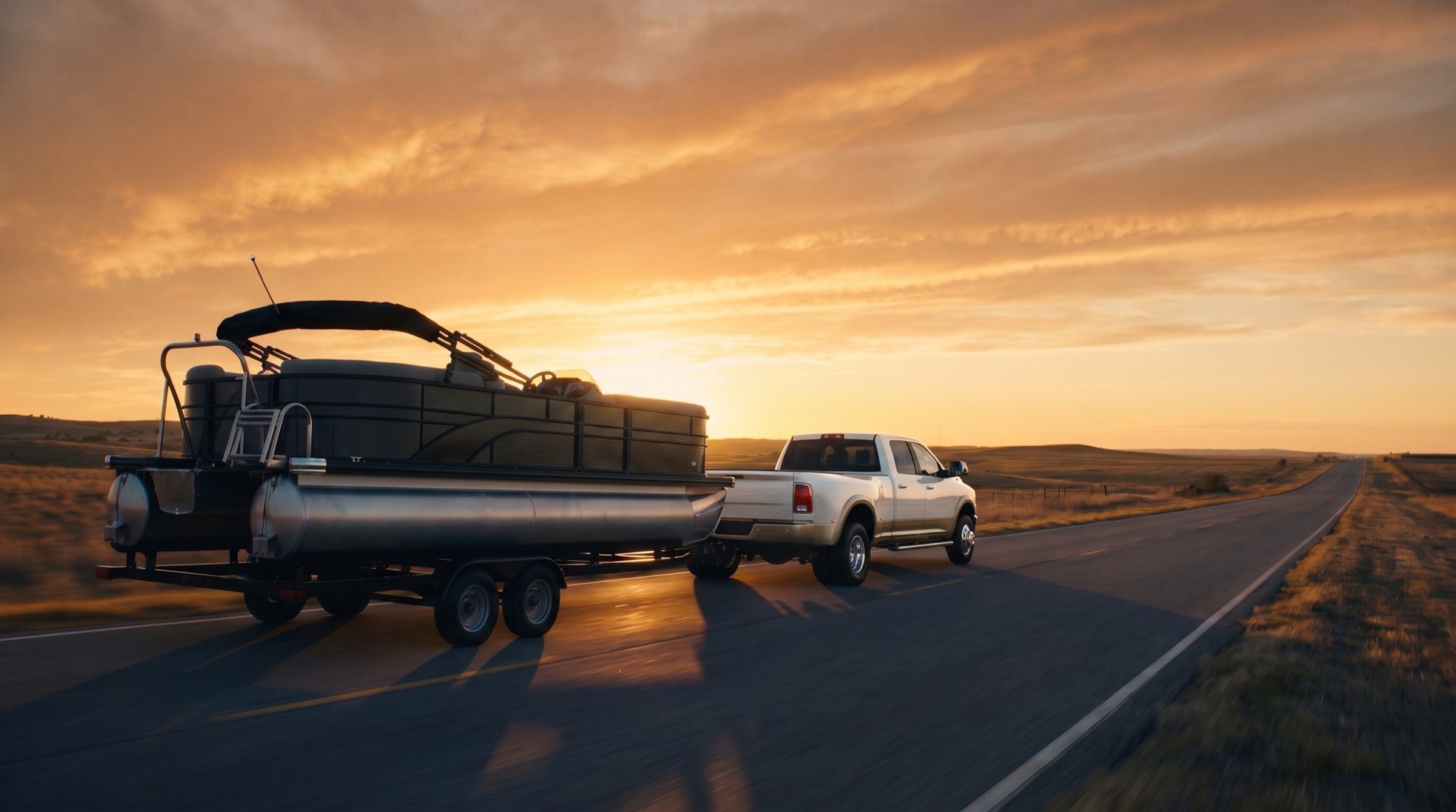Black dually pickup towing a brand-new pontoon boat down an open Texas highway at golden hour