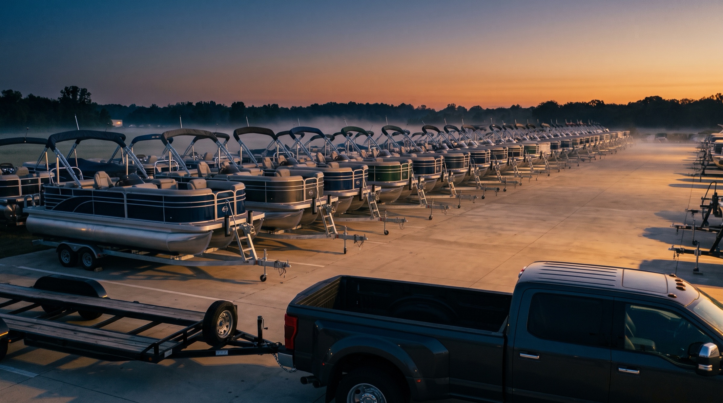 Rows of brand-new pontoon boats on trailers at a marine dealership at dawn