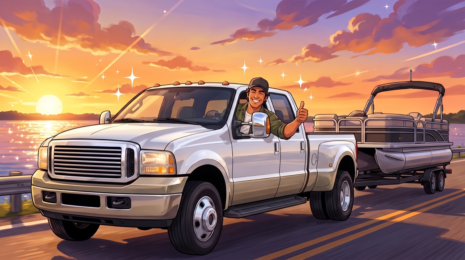 Comic-style illustration of Jim giving a thumbs-up from the window of his dually, pontoon in tow on a sunset lake road