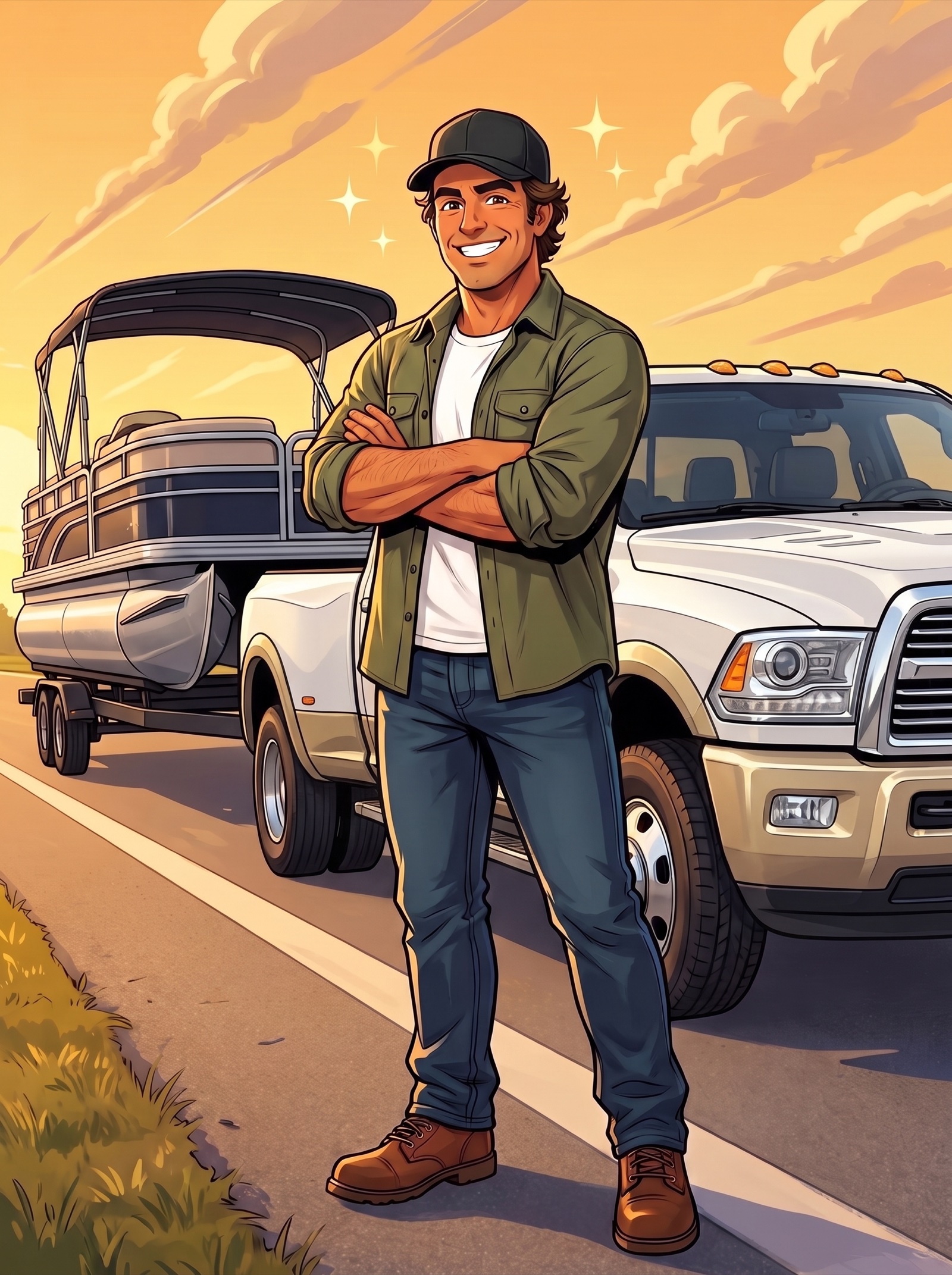 Comic-style illustration of Jim in a ball cap, arms crossed in front of his dually and a pontoon boat on a trailer