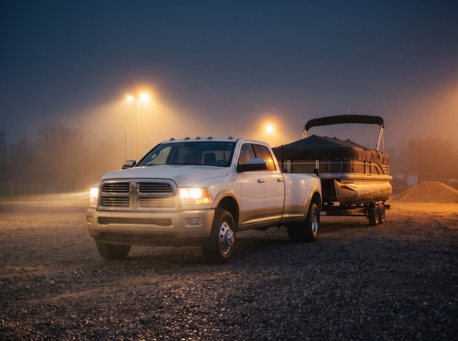 Dually truck hitched to a boat trailer before dawn, headlights on