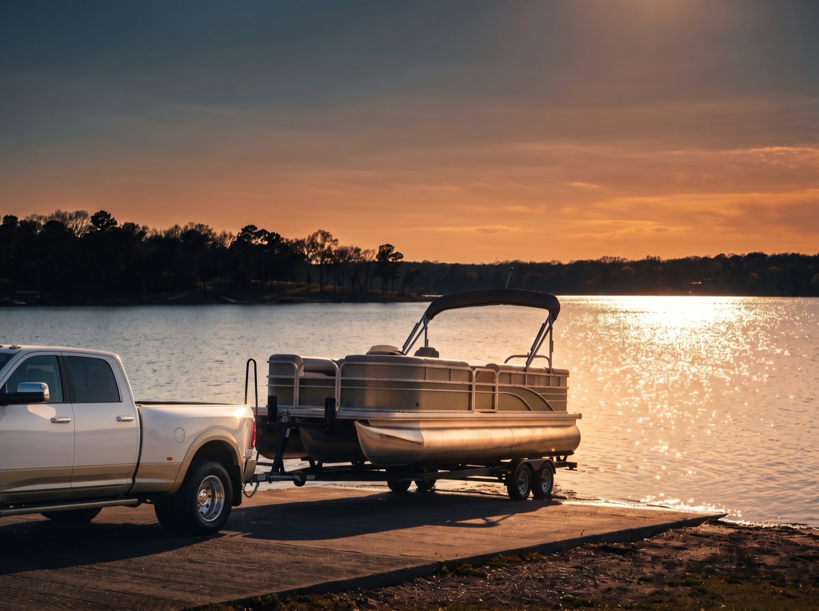 Pontoon boat on a trailer arriving at a lakeside ramp at sunset