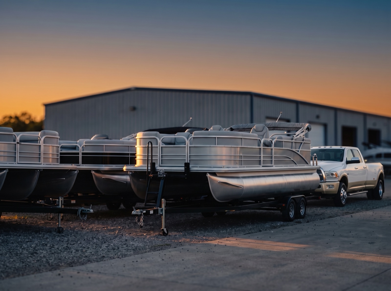 New pontoon boats staged on trailers at a dealership yard